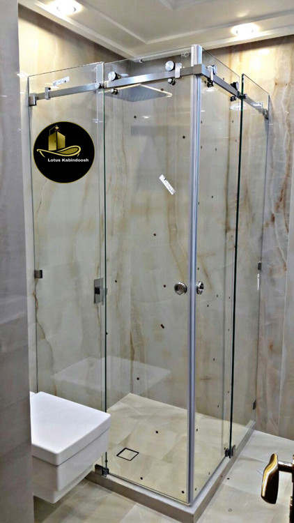 کابین دوش فریملس کشویی کنج لوتوس با یراق استیل براق و طراحی مینیمال مناسب حمام مستر و فضاهای لوکس مدرن