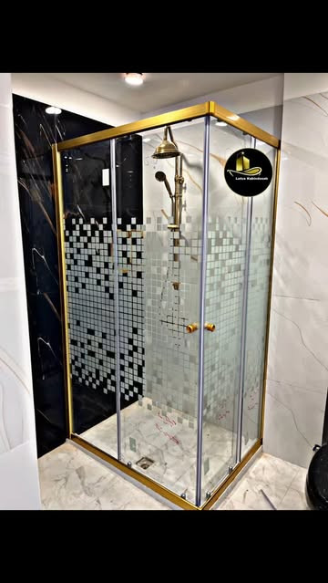 کابین دوش ریلی فریمدار طلایی لوتوس با شیشه سکوریت شفاف مناسب حمام مستر و فضاهای ال شکل لوکس