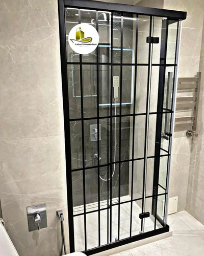 دوردوشی شیشهای لوتوس مدل فریمدار ریلی با شیشه سکوریت دودی چهارخانه و طراحی لوکس مناسب حمام مدرن